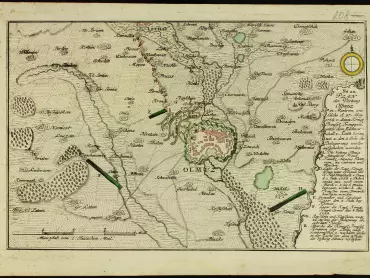 Plán pevnosti Olomouce, jak tato byla 27. května 1758 královskými pruskými trupami pod polním maršálem von Keith napadena a 2. července bylo obléhání zase zrušeno. Překlad německé legendy: A – pevnost Olomouc, B – atakovaná fronta, C – nepřátelské útočné baterie kanonů a hmoždířů, D – tábor c. k. armády pod velením pana polního maršálka von Daun dne 1. července 1758, jež vytáhla z Dobromilic, po pochodu pěti až šesti mil, čímž byli Prusové pohnuti k odchodu, E – tábor granátníků a karabiníků 5. července u Křelova, F – tábor c. k. hlavní armády 4. července 1758, G – Řepčín a Hejčín, dvě vesnice vypálené na počátku obléhání, H – pochod královských pruských trup přes Litovel do Litomyšle poté, když v noci před 2. červencem opustily pevnost Olomouc. Státní okresní archiv v Olomouci, Archiv města Olomouce, fond M 8-26 Sbírka map a plánů Olomouc, neinventarizováno, sign. II/1. http://digi.archives.cz/da/permalink?xid=3CA525B3833D4D43AC621E0C13178F80&scan=1